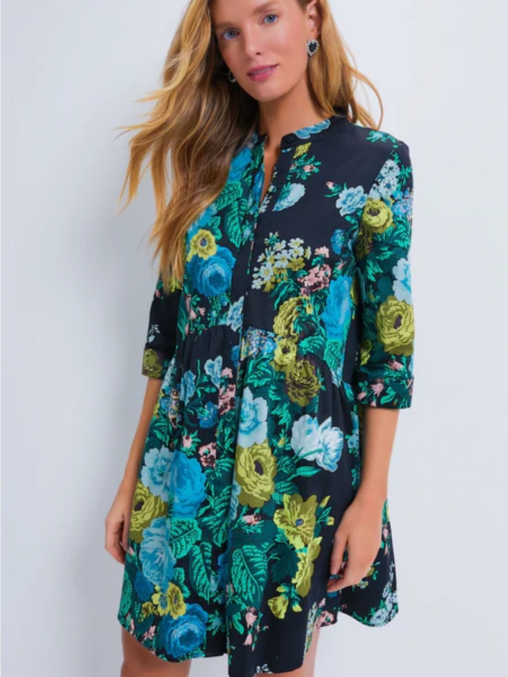 NWT Tuckernuck Verdant Black Floral Swing Dress with Blue and Green Blooms